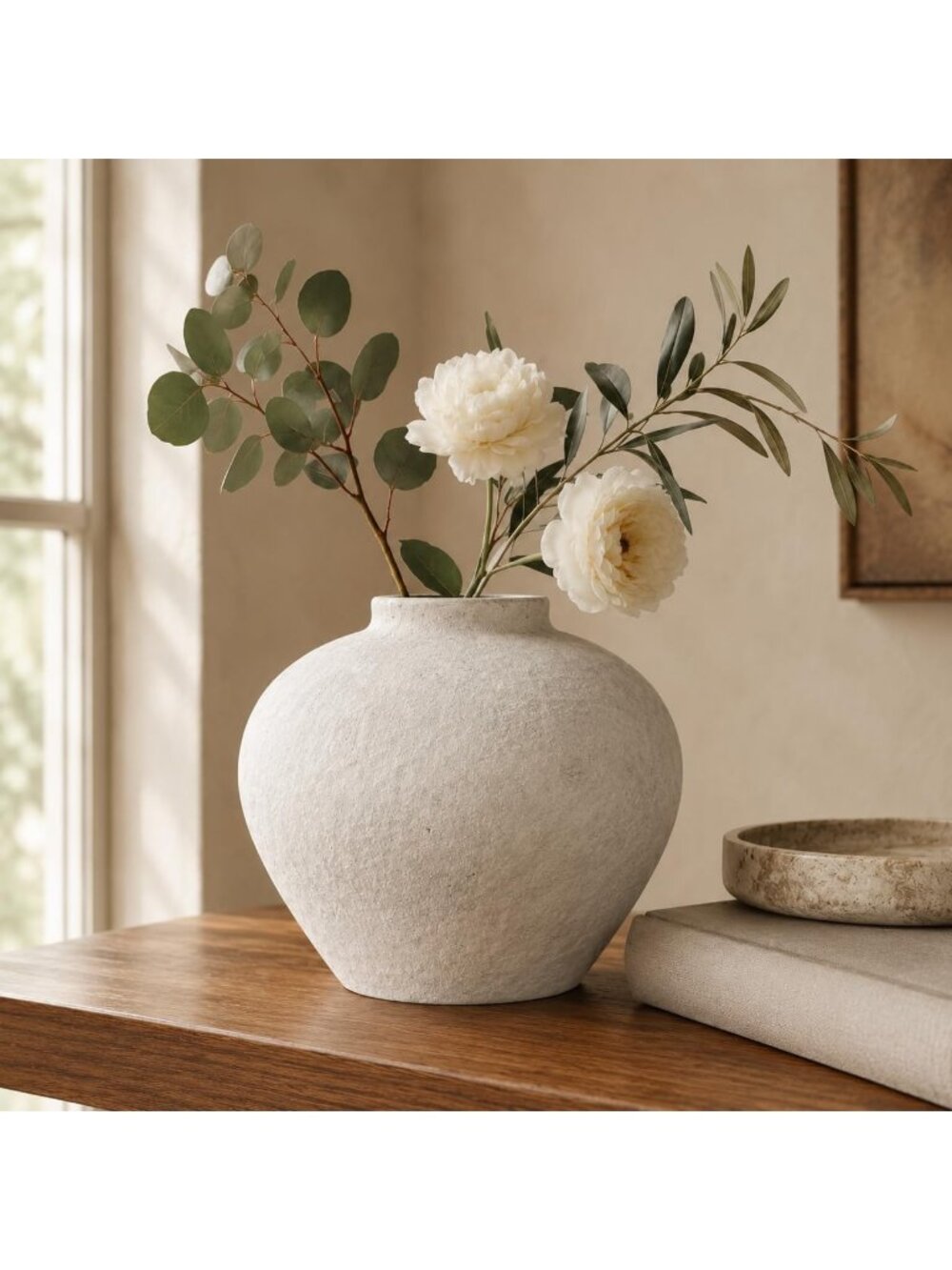 6.3 Inch White Round Ceramic Flower Vase Rustic Farmhouse Ideal Table Home Decor